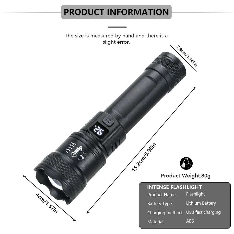 High Strong Power Led Flashlights 2000LM Tactical Torch with Display Light USB Charging Camping Fishing Emergency Zoom Lantern Beauty World Shop