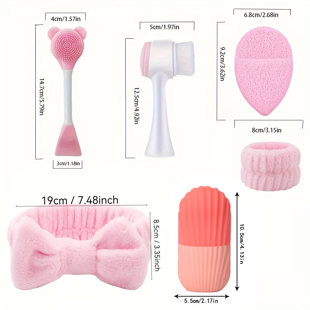 8-piece silicone skincare set with ice roller and cold compress mask - pink and white two-tone facial spa set, skincare tools Beauty World Shop