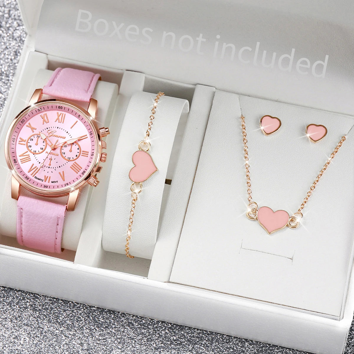 5/6PCS Fashion Women's Quartz Watch Leather Band Analog Wrist Watches Heart Rhinestone Jewelry Set(Without Box) Beauty World Shop