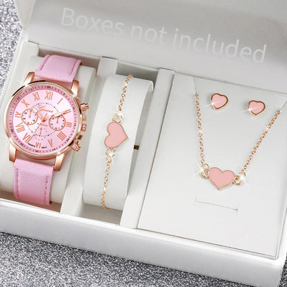 5/6PCS Fashion Women's Quartz Watch Leather Band Analog Wrist Watches Heart Rhinestone Jewelry Set(Without Box) Beauty World Shop