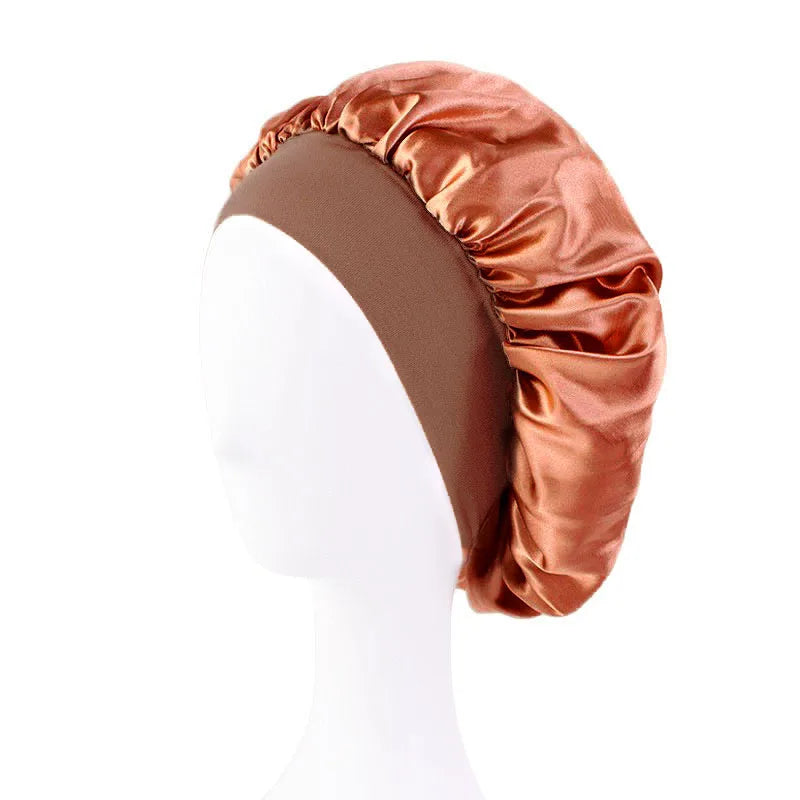 New Women's Satin Solid Wide-brimmed Sleeping Hat Unisex Head Wrap Elastic Band Cap Hair Care Bonnet Night Hat bonnet de nuit Beauty Fashion