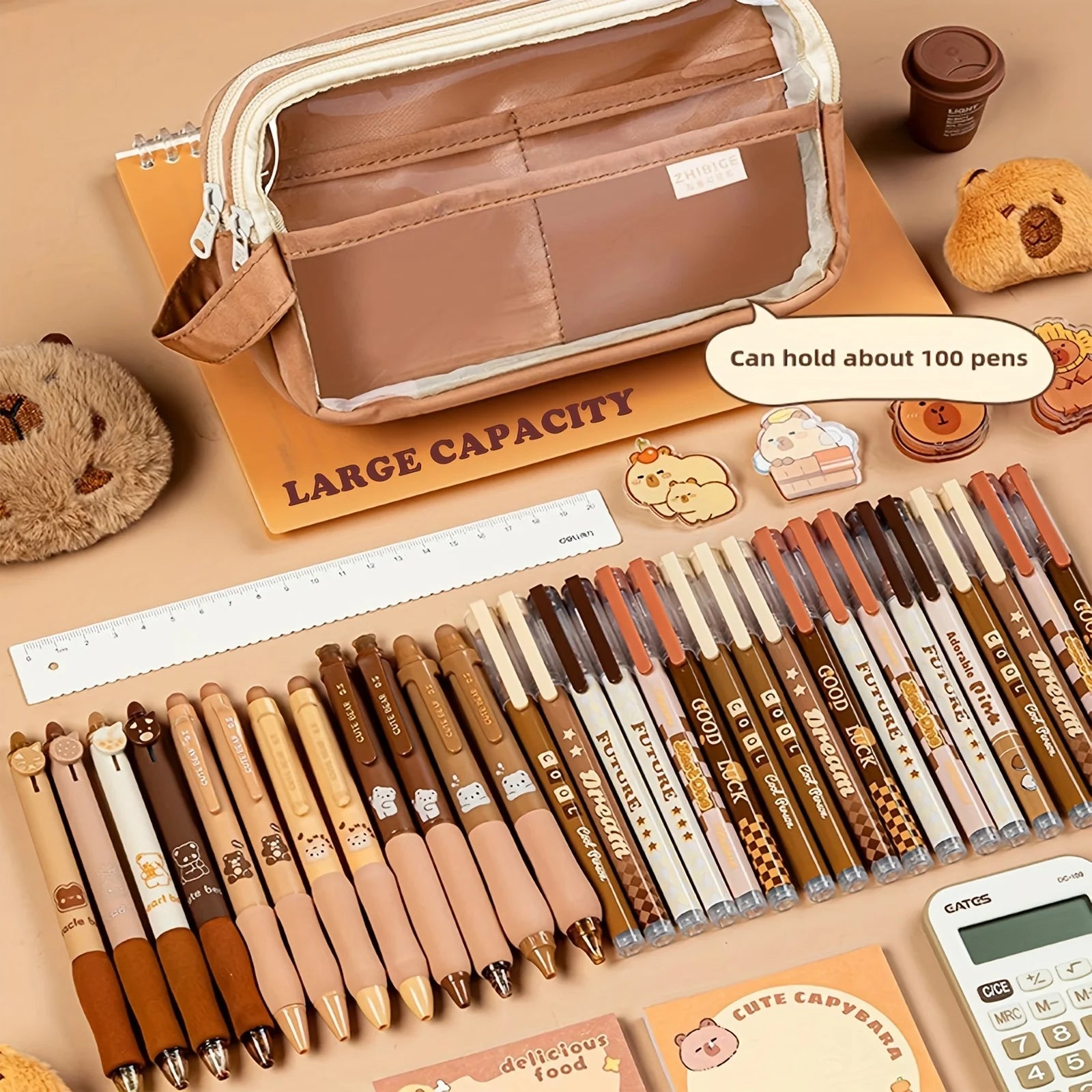 Cute Capybara Pencil Case with Lock - Aesthetic Kawaii Canvas Pouch, Clear School Supplies Organizer with Compartments, Includes Beauty World Shop