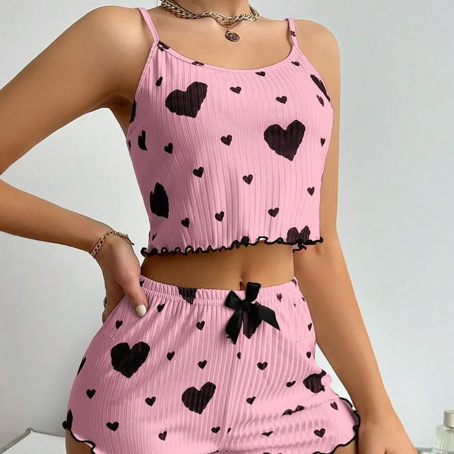 Women's Pajamas Set Sleepwear 2 PCS Short Tank Tops And Shorts S M L White Ventilate Soft Casual Love Printing Beauty World Shop