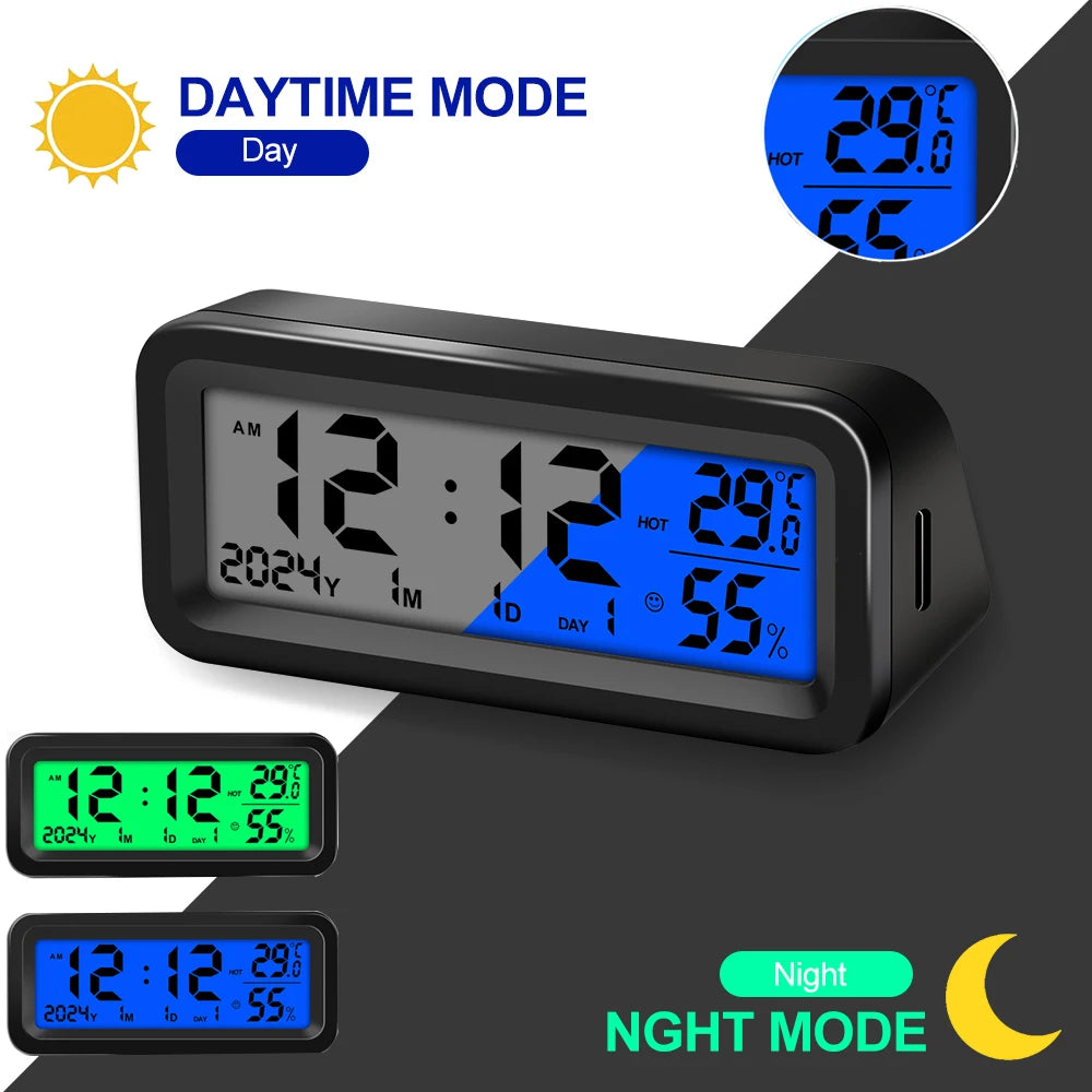LCD Digital Car Clock Solar Power Temperature Humidity Gauge Backlight Automobiles Dashboard Clock Car Internal Accessories Beauty World Shop