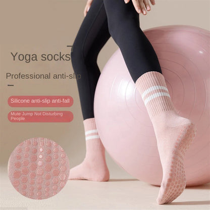 1 pair of women's yoga socks, skipping rope sports socks, Pilates indoor anti slip floor socks, double bar mid leg socks Beauty World Shop