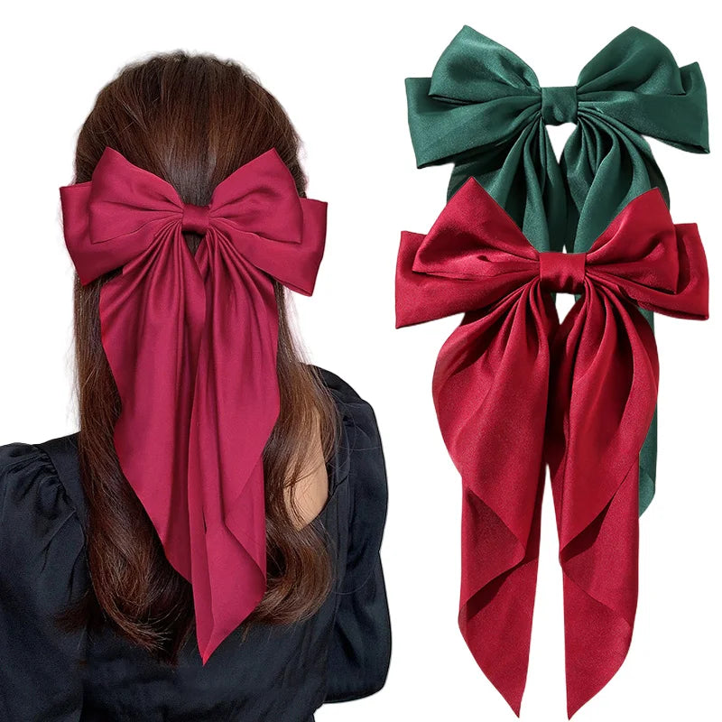 Korean Accessories Hair Clips for Women Girls Big Bowknot Solid Satin Long Ribbon Bows Spring Clamp Barette Cheveux Femme 2023 Beauty World Shop