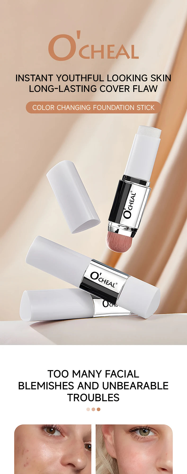 O'CHEAL Temperature Changing Foundation Stick Facial Coverage Blemishes Pores Double-Headed Face Matte Makeup Foundation Cream Beauty World Shop
