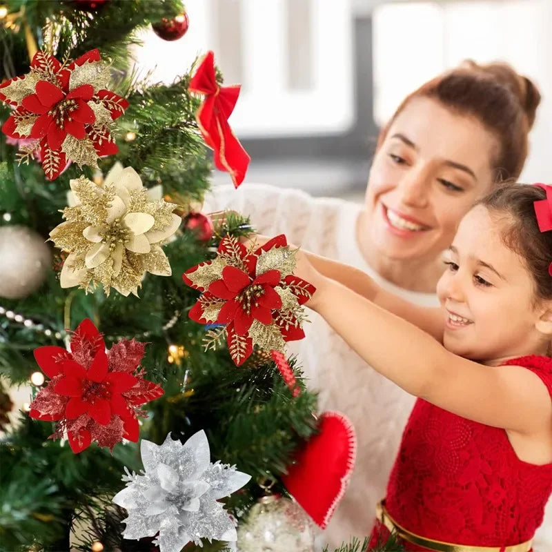 Christmas Glitter Artificial Flowers Christmas Tree Hanging Ornaments Fake Flower for Home 2025 Xmas New Year 2026 Navidad Gift Beauty World Shop