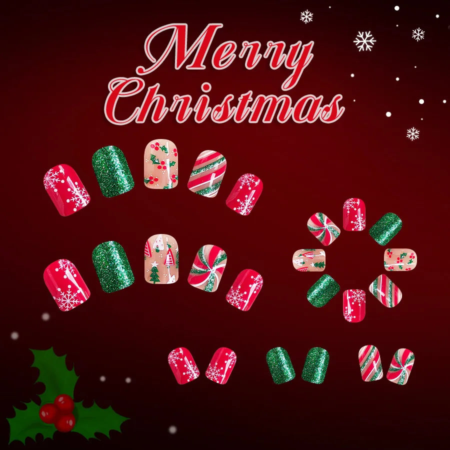 Short Square Glossy Press On Nails 24Pcs Christmas 2025 New Design Snowflake Tree Stripes Red Green Glitter Beauty World Shop