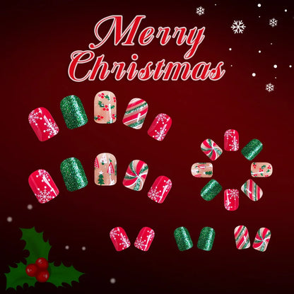 Short Square Glossy Press On Nails 24Pcs Christmas 2025 New Design Snowflake Tree Stripes Red Green Glitter Beauty World Shop
