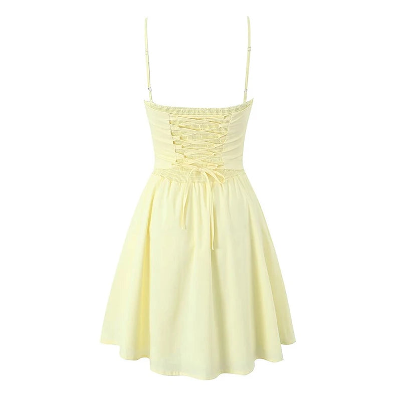 YENKYE Sexy Elegant Women Fishbone Waist Shaping Sling Mini Dress Lace Up Back Fit And Flare  Summer Party Dresses Yellow Robe Beauty World Shop