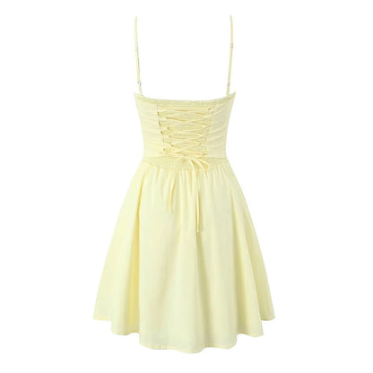 YENKYE Sexy Elegant Women Fishbone Waist Shaping Sling Mini Dress Lace Up Back Fit And Flare  Summer Party Dresses Yellow Robe Beauty World Shop