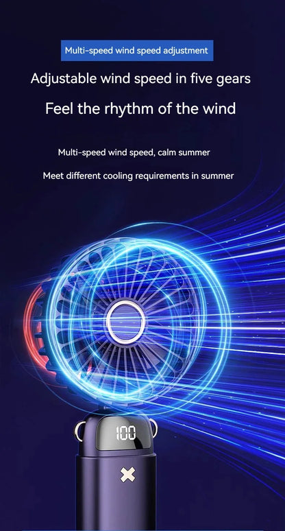 6000mAh Mini Handheld Fan 5 Speeds USB Charging Hanging Neck Fan LED Digital Display For Outdoor Sport Student Office Desk Fan