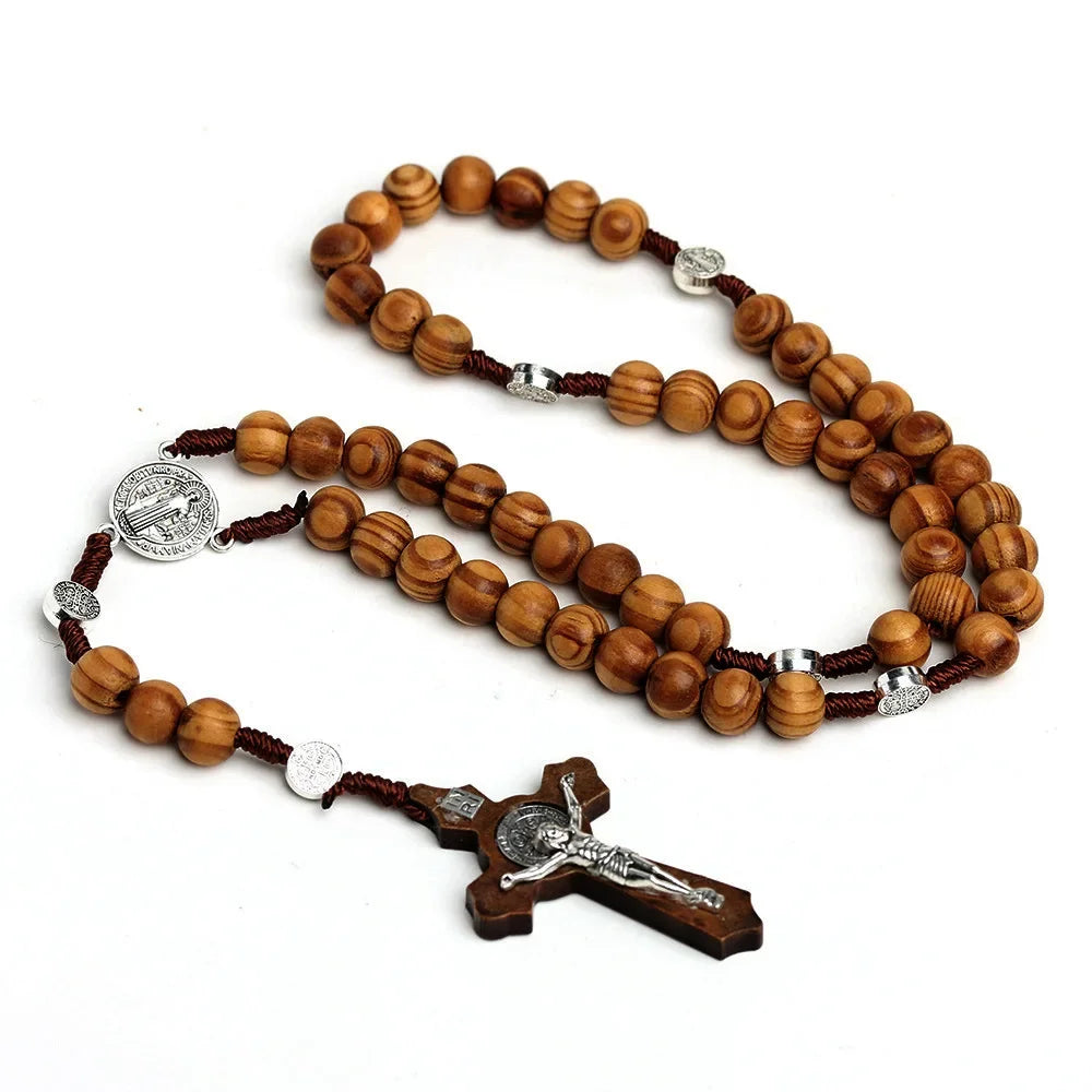 Catholic Wood Beaded Rosary Necklaces For Women Christian INRI Crucifix Cross Pendant Long Chain Men Religion Prayer Jewelry Beauty Trend Shop