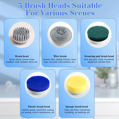 Electric Cleaning Brush LED Display with 5 Replaceable Brush Heads 3-speed Adjustable Cleaning Tool For Kitchen Bathroom