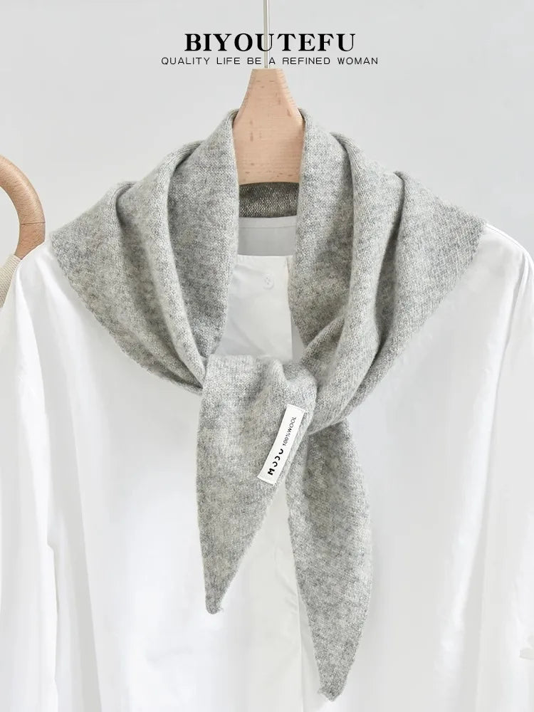 100% Australian Wool Knitted Triangle Scarf Shawl Women's Autumn  Winter Warm Neck Protection Scarf Decorative  Small Scarf Beauty World Shop