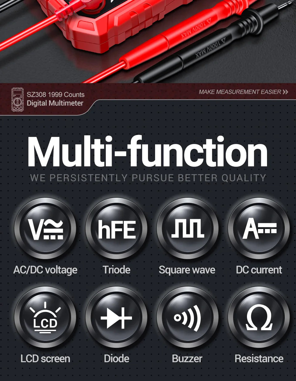 ANENG SZ308 Digital Multimeter   AC/DC Current Meter Voltage Resistance Meter Electrician LCD Backlight Ohm Square Wave Test Beauty World Shop