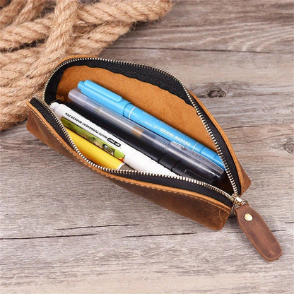 Vintage Leather Pencil Bag Simple Stationery Hoder Pen Case Storage Bag Zipper Pencil Pouch Glasses Box School Supplies Beauty World Shop