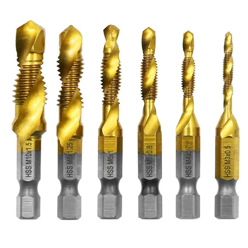 6pc High-speed Steel 4341 Titanium Plated Composite Tap Drill and Tap Integrated Machine Tap Open and Chamfer Tool Set Beauty World Shop