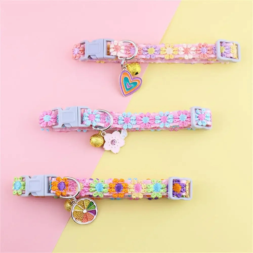Fashion Rainbow Flower Cat Collar With Bell Kitten Puppy Necklace Adjustable Buckle Colorful Lace Kitten Collar Dog Accessories Beauty World Shop