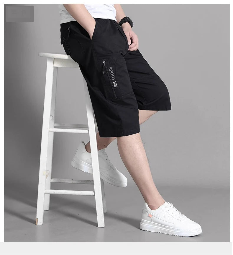 Mens Cargo Shorts Knee Pants Zipper Pocket Summer Cotton Shorts Climbing Jogger Elastic Waist Sports Wear Beauty World Shop