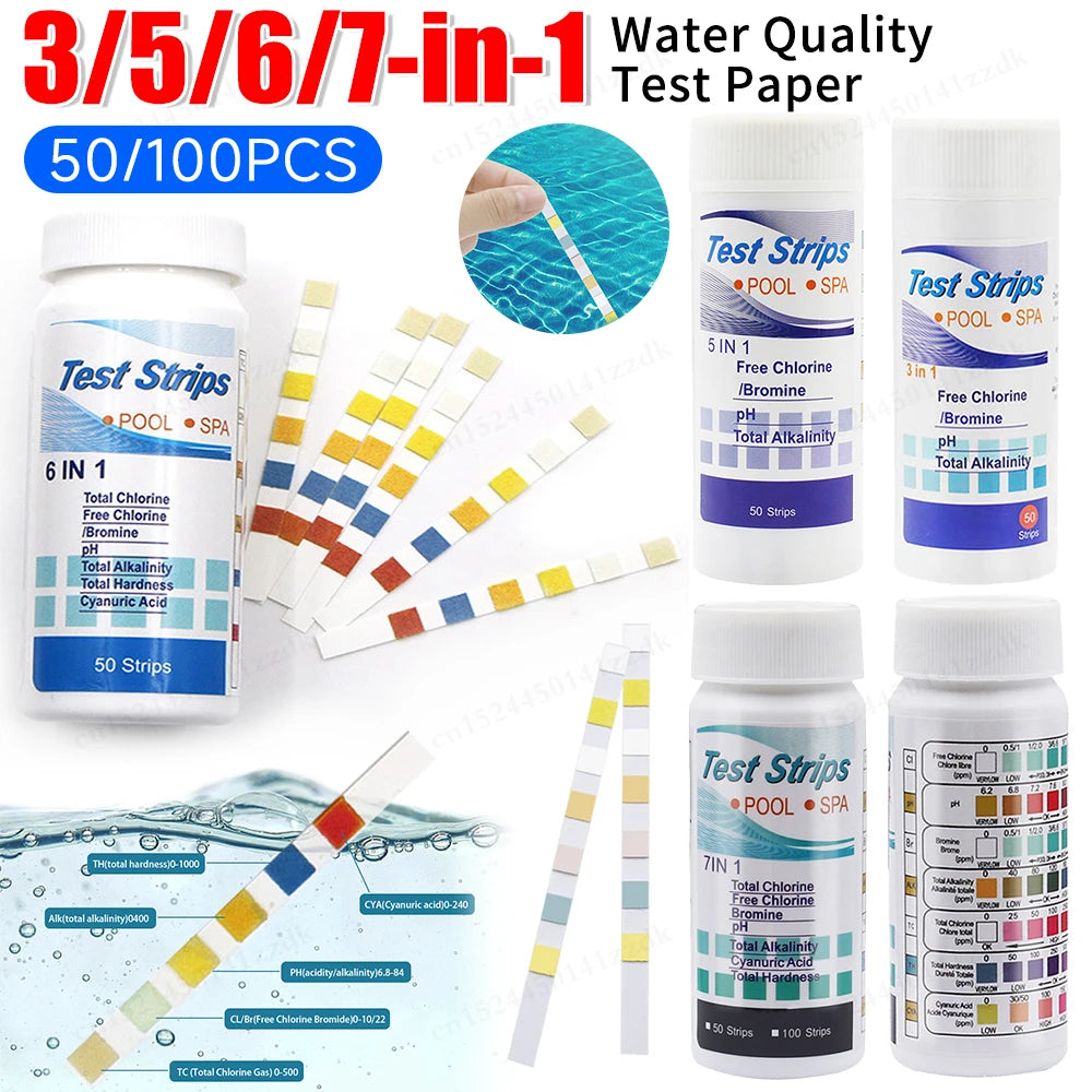 50/100pcs 3/5/6/7 in 1 Swimming Pool PH Test Strips SPA Swimming Pool Water Tester Paper Hardness Tool for Chlorine Bromine Beauty World Shop