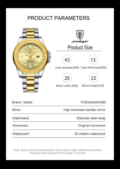 POEDAGAR Original Luxury Man Wristwatch Waterproof Luminous Date Men Watch Stainless Steel Fashion Business Men's Quartz Watches Beauty World Shop
