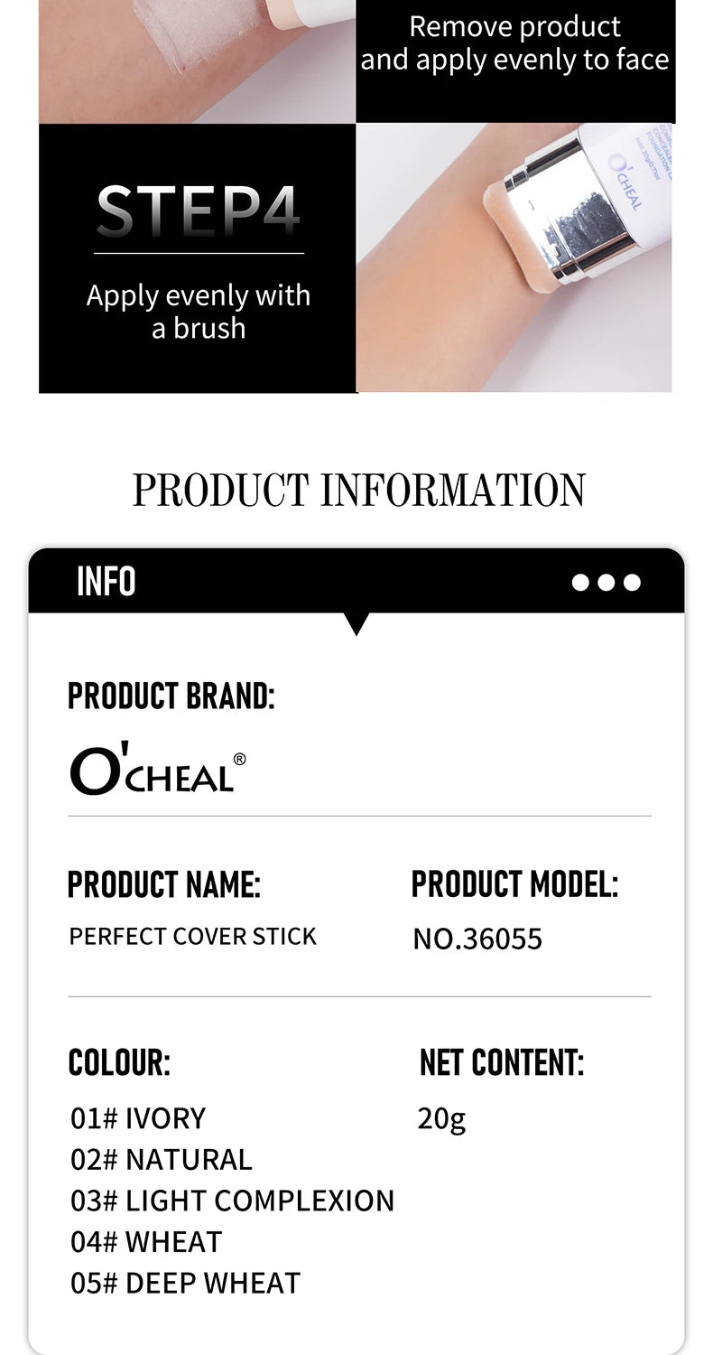 O'CHEAL Perfect Cover Stick Thin And Comfortable Concealer Foundation Cream Stick Instant Natural Waterproof Long-lasting Makeup Beauty World Shop