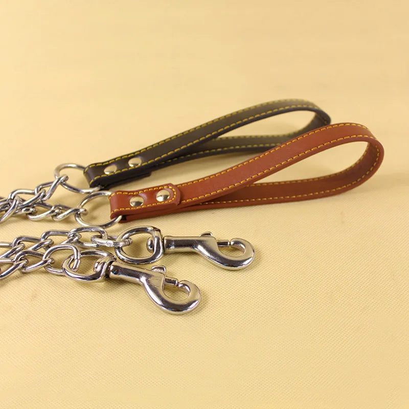 Metal Chain Dog Lead with Leather Style Handle Strong Control Leash Iron Dog Pets Supplies Collars Harnesses Chain Traction Rope Beauty World Shop