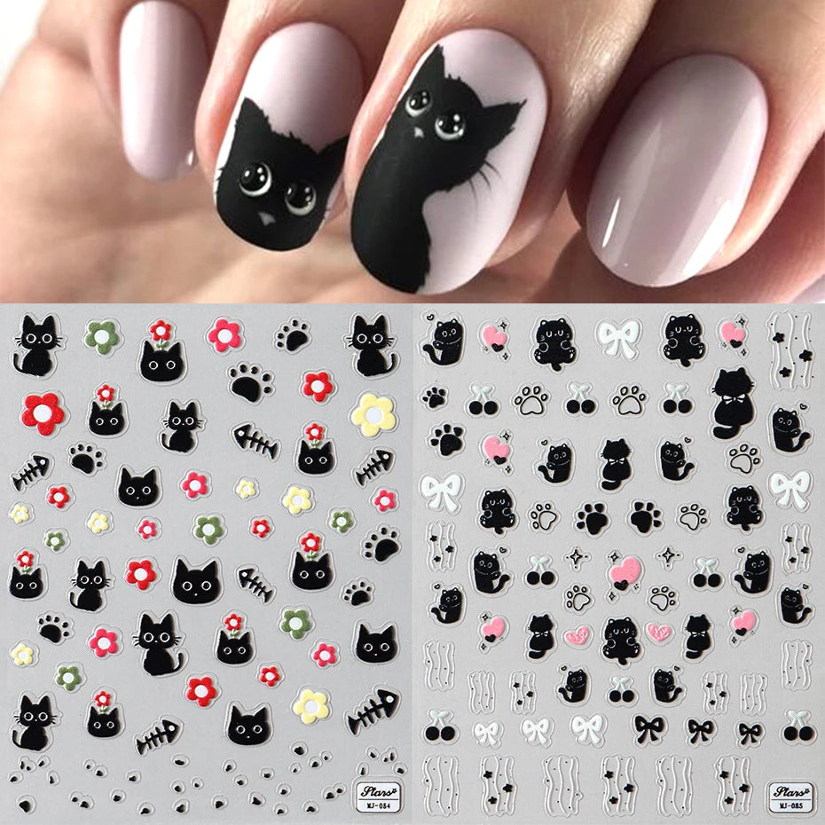 Black Silver Cat Animals Nail Sticker Decals Y2K Charms Cute Dog Cartoon Adhesive Sliders Foils For Manicure Nail Art Decoration Beauty World Shop
