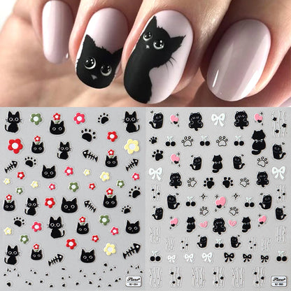 Black Silver Cat Animals Nail Sticker Decals Y2K Charms Cute Dog Cartoon Adhesive Sliders Foils For Manicure Nail Art Decoration Beauty World Shop