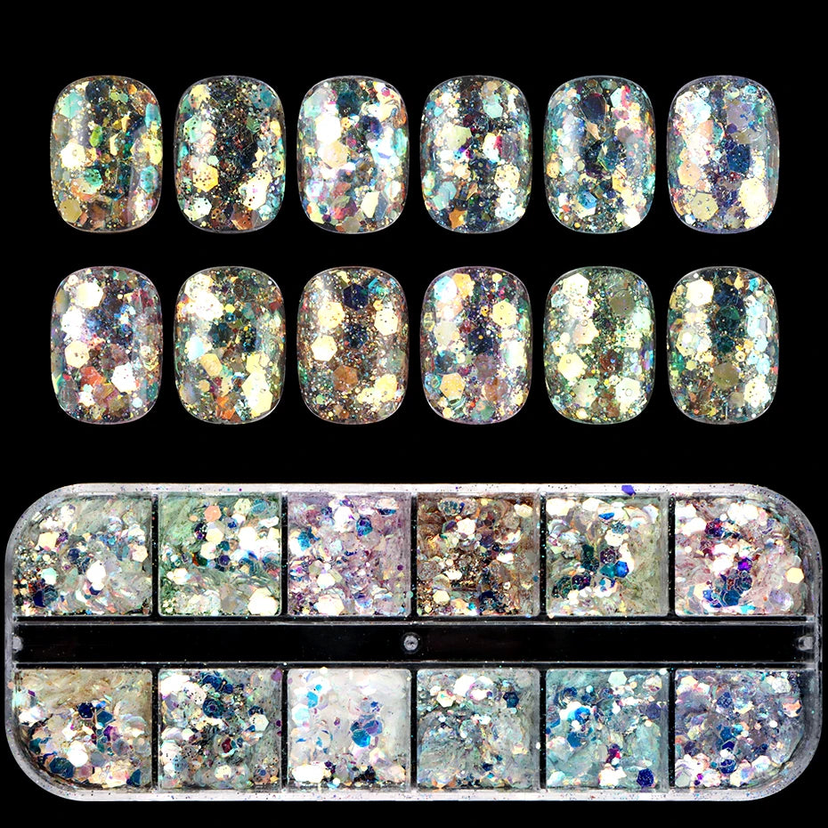 12 Grids Shimmery Mermaid Hexagon Nail Art Glitter Sequins Holographic Mirror Nail Powder Flakes Nail Charms Decoration Manicure Beauty World Shop
