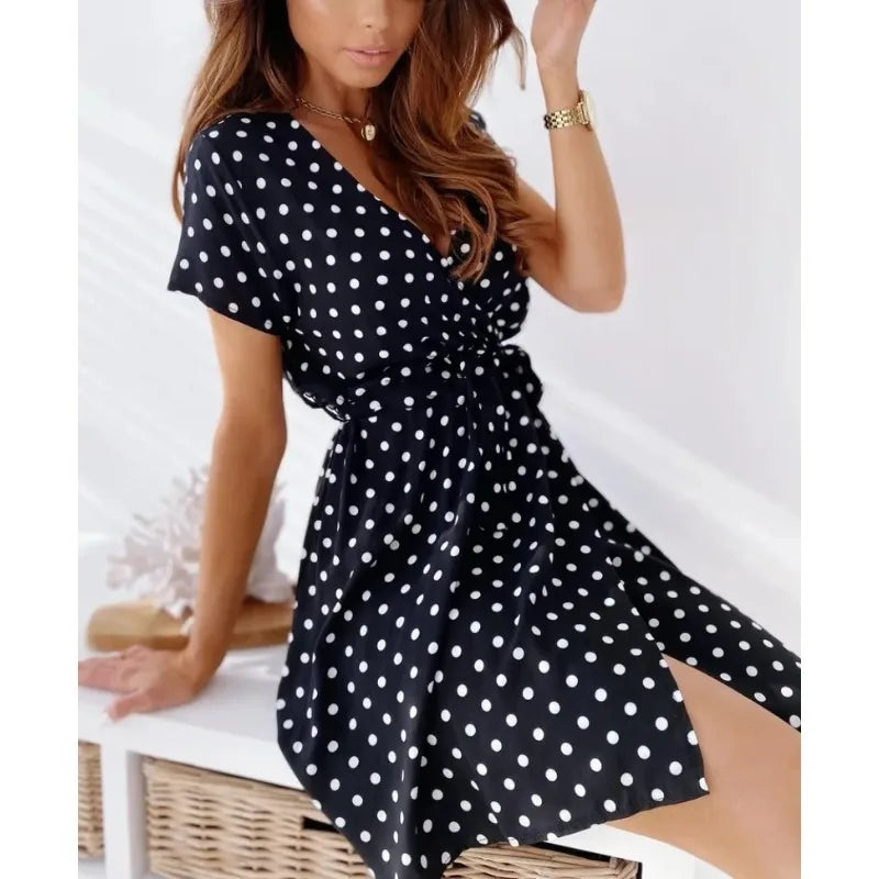 Summer Women's Polka Dot Printed Short Sleeved Casual Dress Fashionable V-neck Belt Commuting Dress Holiday Party Women's Dress Beauty World Shop
