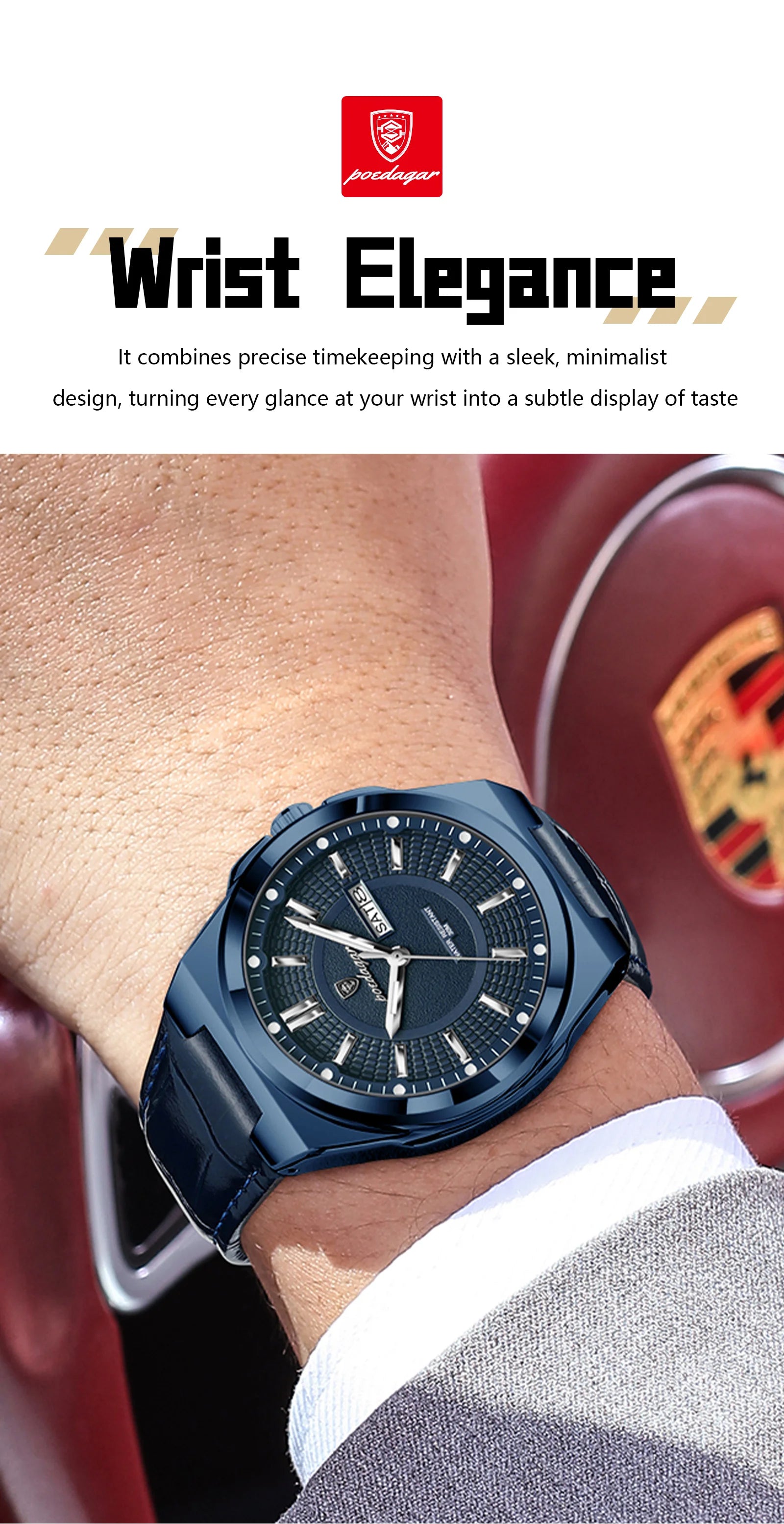 POEDAGAR Fashion Brand Man Wristwatch Waterproof Luminous Date Week Quartz Luxury Men's Watches Leather Business Men Watch Reloj Beauty World Shop
