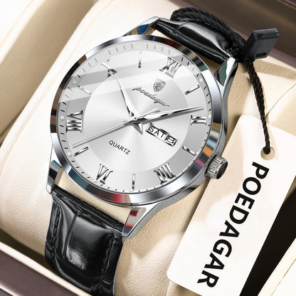 POEDAGAR Business Brand Men Clock Waterproof Luminous Date Week Fashion Man Wristwatch Leather Luxury Men's Quartz Watches Reloj Beauty World Shop