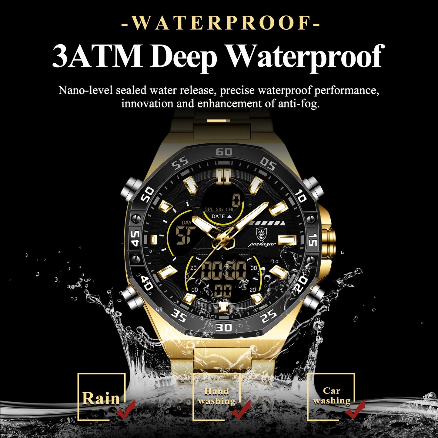 POEDAGAR Top Men Clock LED Luminous Waterproof Week Date Military Man Wristwatch Electronic Stainless Steel Quartz Men's Watches Beauty World Shop