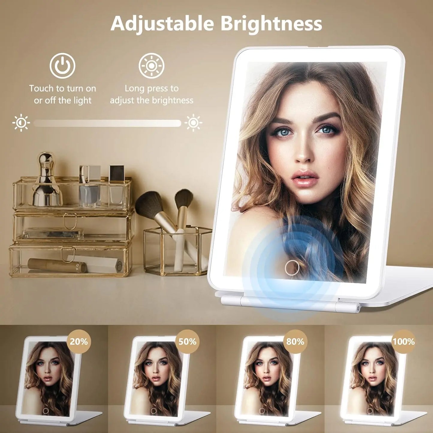 LED Folding Travel Makeup Mirror 3 Colors Light Modes USB Rechargeable Touch Screen Portable Tabletop Cosmetic Mirror Beauty World Shop