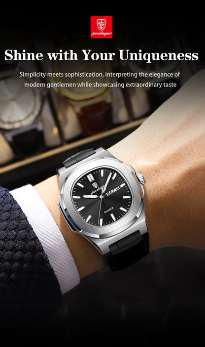 POEDAGAR Square Wristwatch For Men Luminous Waterproof Week Calendar Luxury Man Clock Leather Quartz Fashion Men's Watches Reloj Beauty World Shop