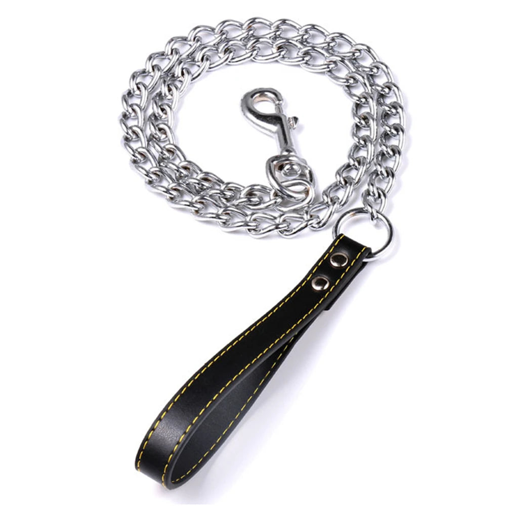 Metal Chain Dog Lead with Leather Style Handle Strong Control Leash Iron Dog Pets Supplies Collars Harnesses Chain Traction Rope Beauty World Shop
