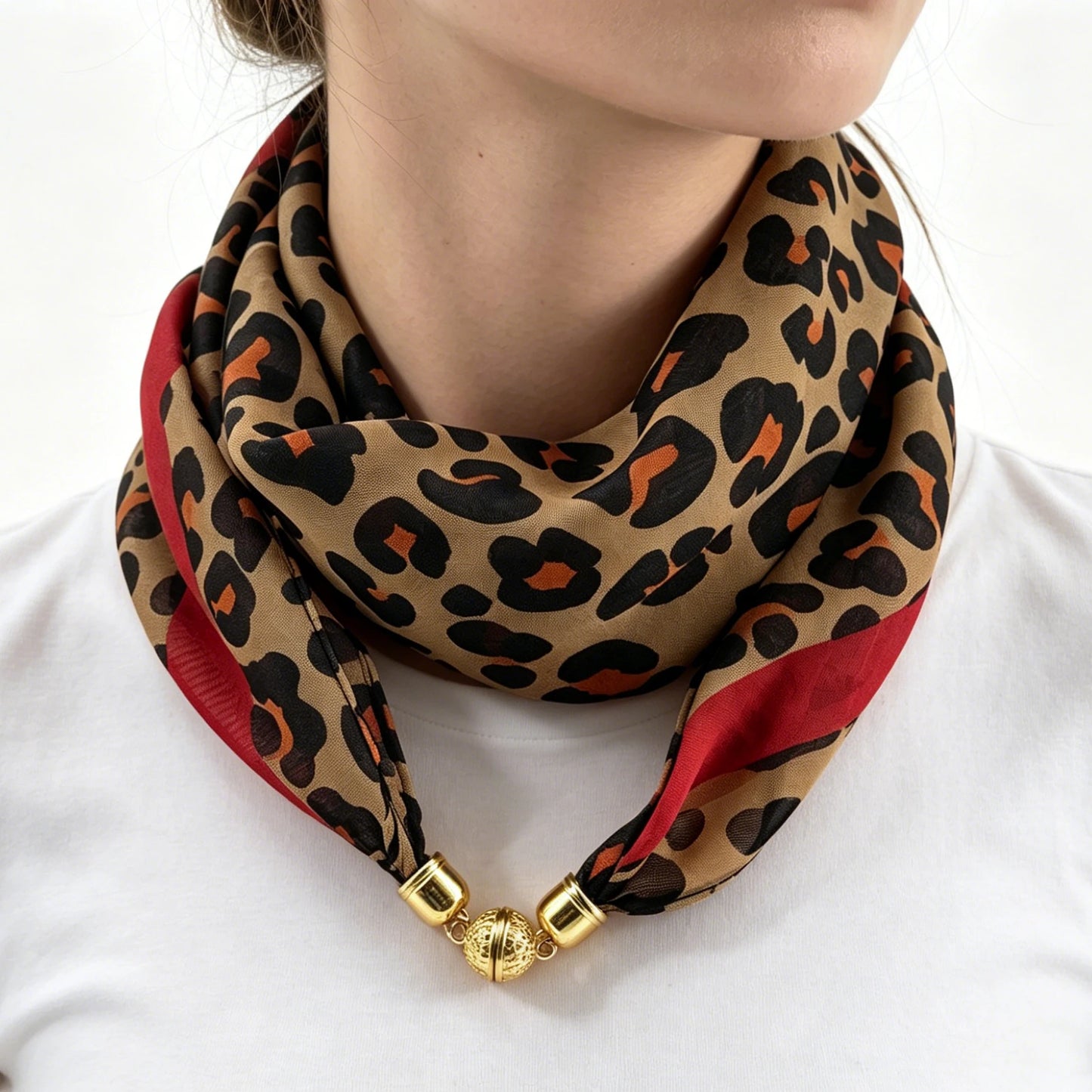 Leopard Print Magnetic Buckle Scarf, 60cm Square Thin Chiffon Neck Scarf, Quick & Easy Wear Fastening Neck Wrap,Decorative Scarf Beauty World Shop