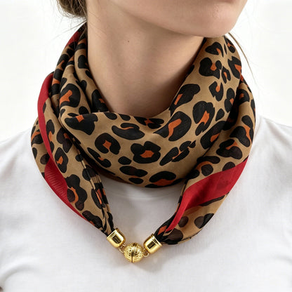 Leopard Print Magnetic Buckle Scarf, 60cm Square Thin Chiffon Neck Scarf, Quick & Easy Wear Fastening Neck Wrap,Decorative Scarf Beauty World Shop