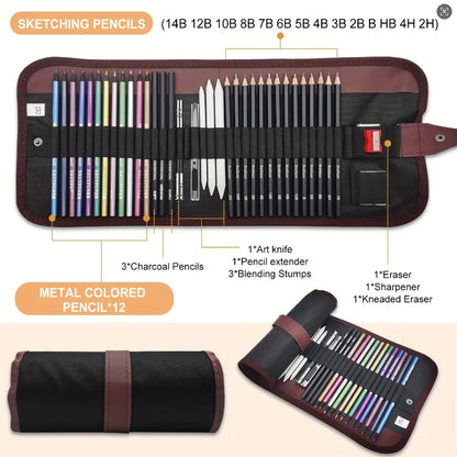 29Pcs Drawing Kit Sketching Pencils Set,Portable Pen Curtain-Charcoal Pencils, Sketch Pencils, Charcoal Stick,Sharpener,Eraser Beauty World Shop