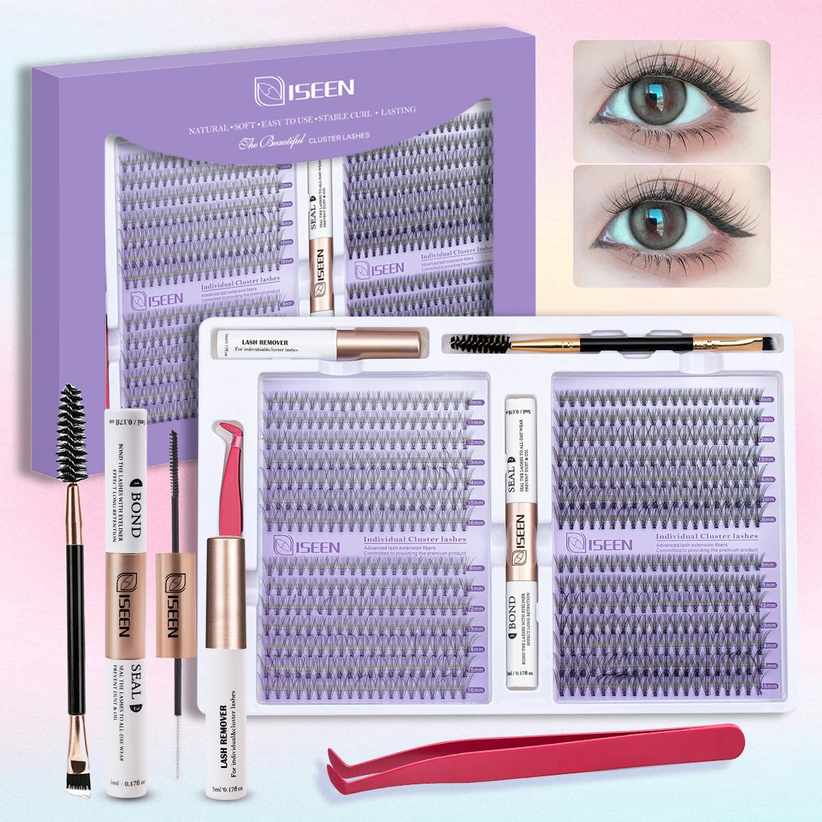 ISEEN DIY Eyelash Extension Kit Cluster Mix Eyelashes Full Set Lashes Kit with Lash Bond & Seal and Eyelash Tweezers and Brush Beauty World Shop