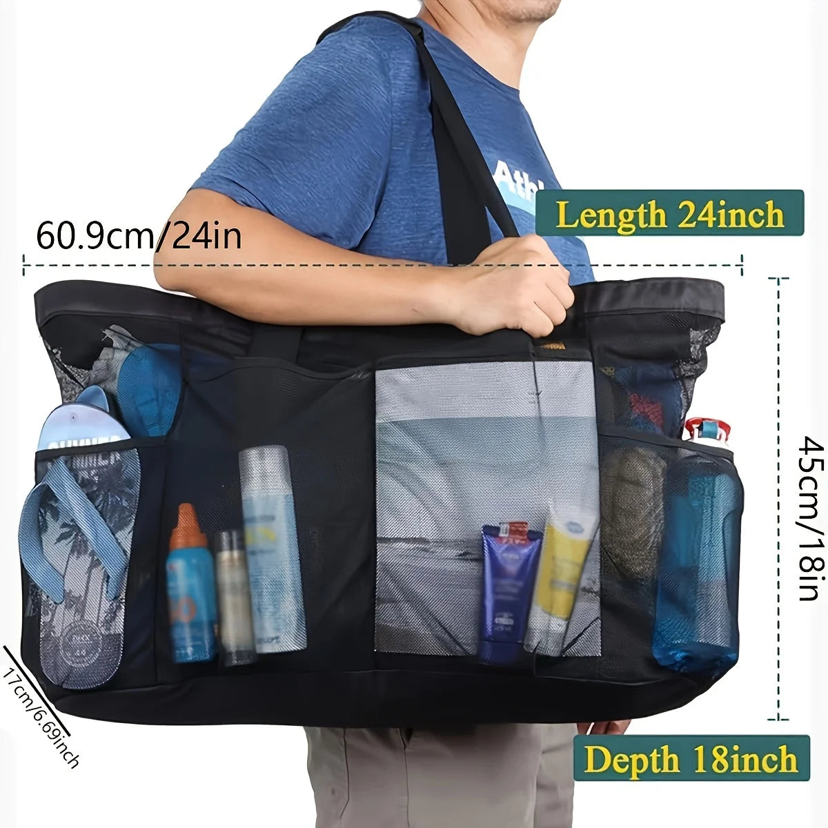 1pc Extra Large Mesh Beach Bag, Breathable Mesh Tote With Zipper & Side Pockets, Portable Large Capacity Finishing Organizer Bag Beauty World Shop