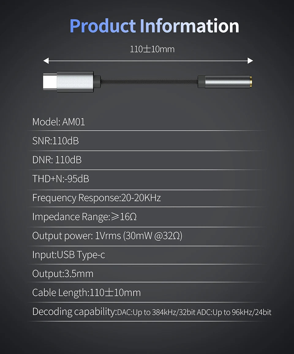 KZ AM01 Cable Type-C to 3.5mm Audio Adapter Line 32bit/384kHz Hi-Fi DAC + IC Amplifier Dual Chip Earphone Audio Cable