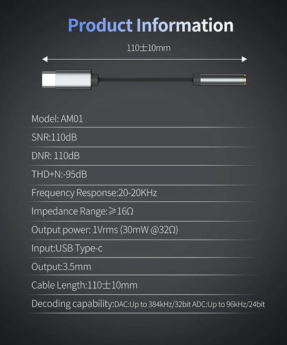 KZ AM01 Cable Type-C to 3.5mm Audio Adapter Line 32bit/384kHz Hi-Fi DAC + IC Amplifier Dual Chip Earphone Audio Cable