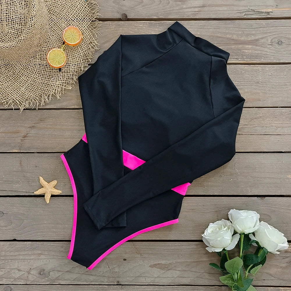 2026 Surfing Sport Swimsuit Long Sleeves Women One Piece Swimsuit  Swimwear Solid Monokini Bathing Suit Tropical Bodysuit Female Beauty World Shop