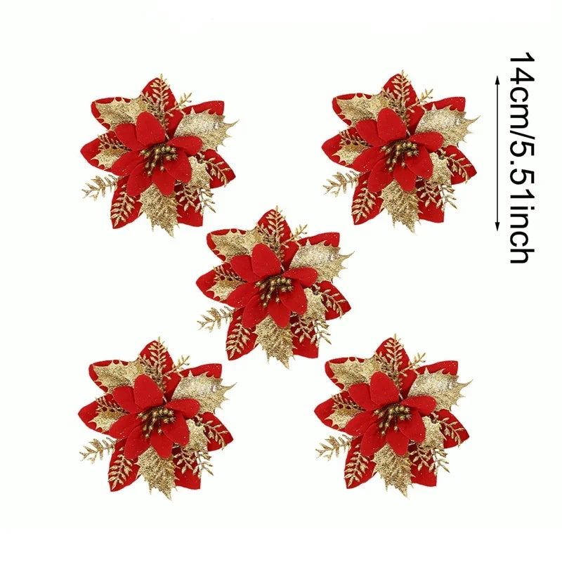 Christmas Glitter Artificial Flowers Christmas Tree Hanging Ornaments Fake Flower for Home 2025 Xmas New Year 2026 Navidad Gift Beauty World Shop