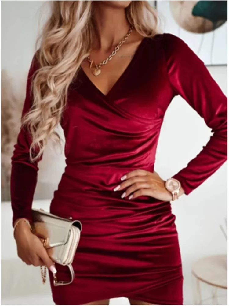 Lady Bodycon Solid Color Velvet Dress Women V-Neck Long Sleeved Mini Dress Autumn Winter New Year Party Luxury Dress Beauty World Shop