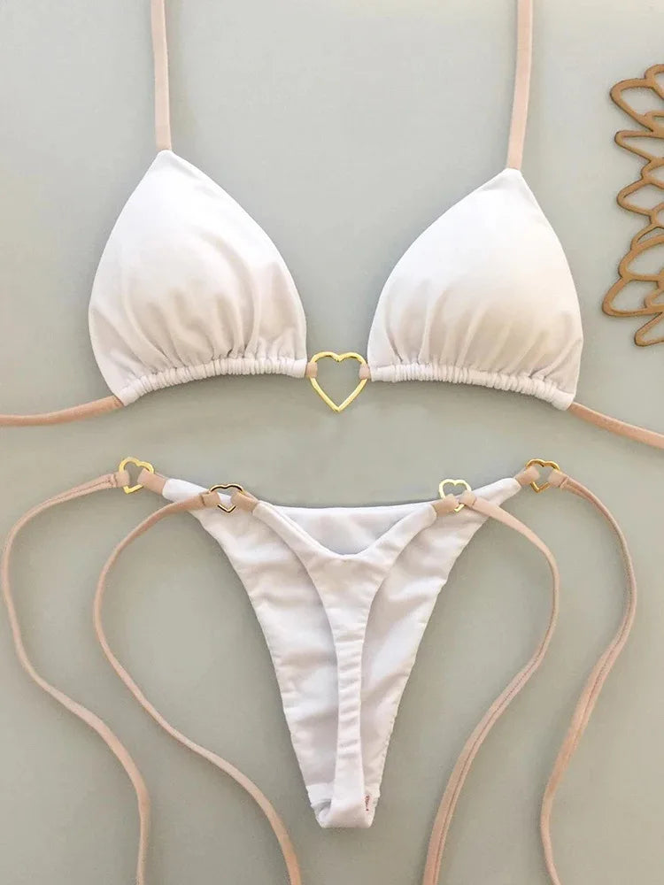 New Solid Color White Bikini Women suit Low Waist Lace-up Fashionable Swimsuit Two-piece Set Beauty World Shop